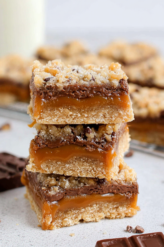 Three dessert bars stacked neatly, showing caramel dripping from the sides.