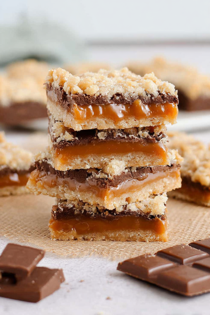 Rustic presentation of caramel-filled bars on a light surface, highlighting their glossy texture.