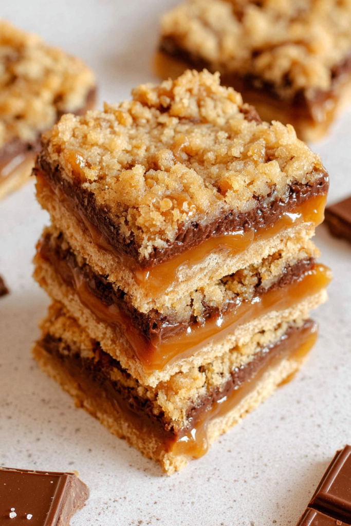 Close-up of crumbly topping over rich caramel and chocolate layers, plated simply.