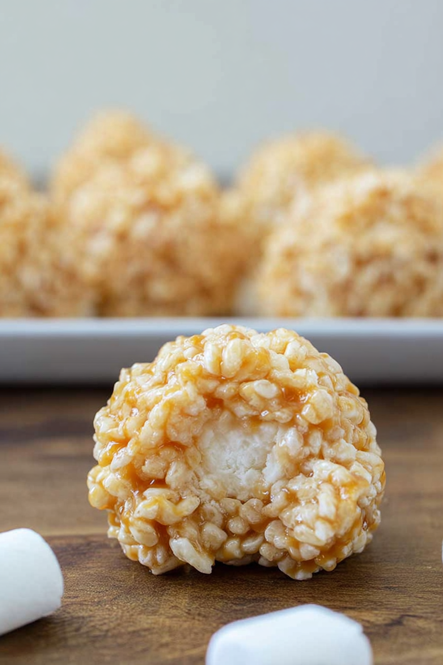 Homemade no-bake cereal balls with sticky caramel and marshmallow binding, ready to serve.