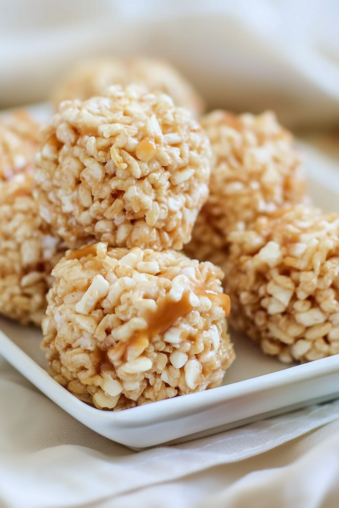 Close-up of caramel-coated Rice Krispie balls stacked on a white plate with a soft drizzle of melted marshmallow.