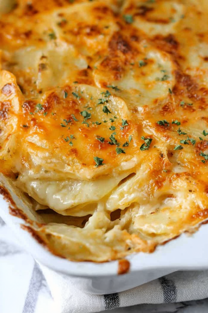 Close-up of baked potato slices in a creamy sauce with a golden, bubbly top.
