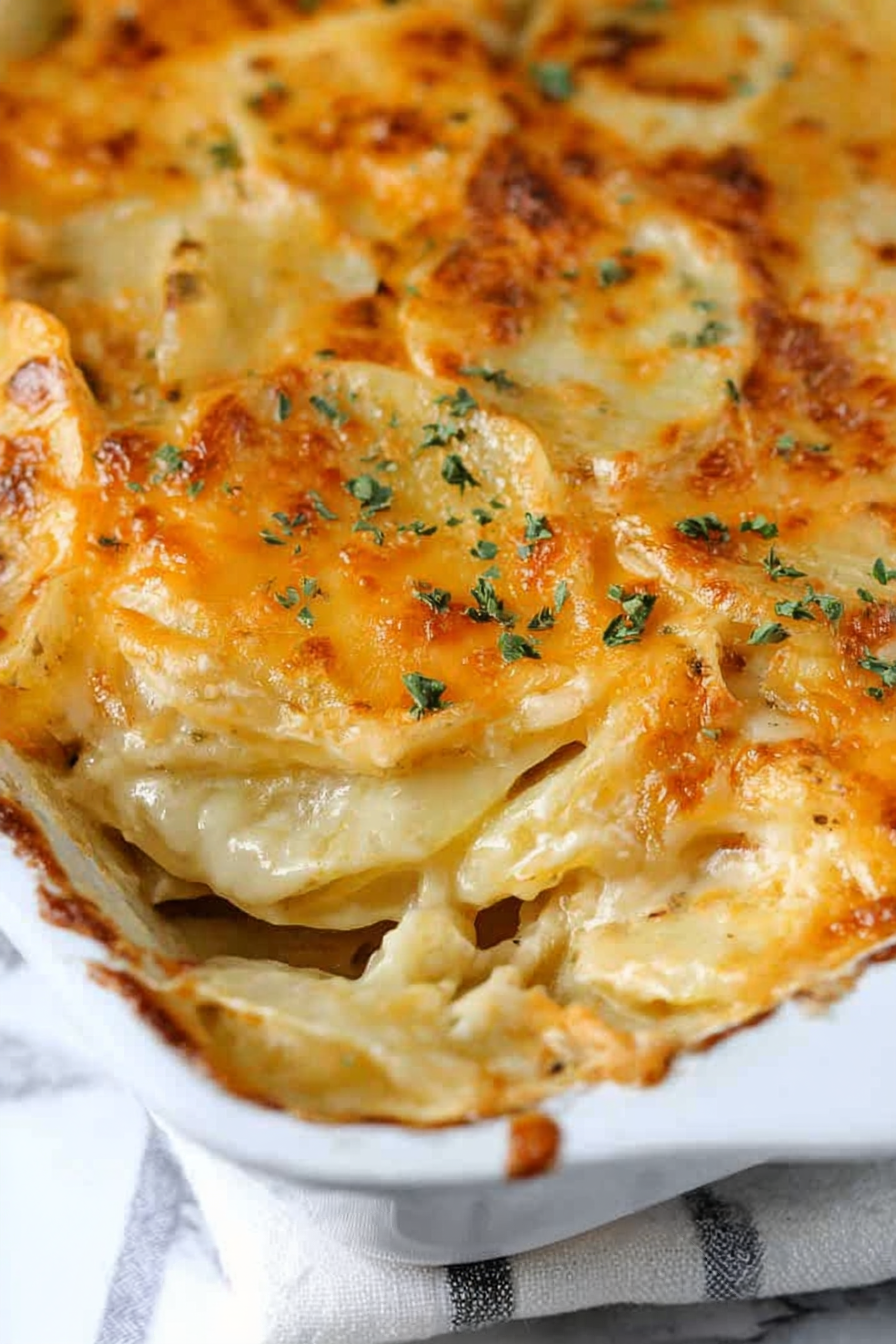 Close-up of baked potato slices in a creamy sauce with a golden, bubbly top.
