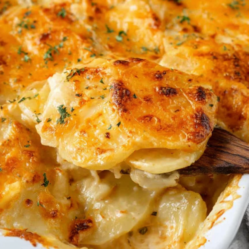 Serving spoon lifting tender layered potatoes from a white casserole dish.