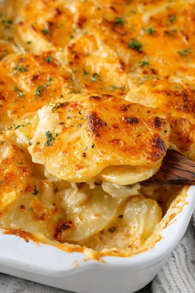 Serving spoon lifting tender layered potatoes from a white casserole dish.