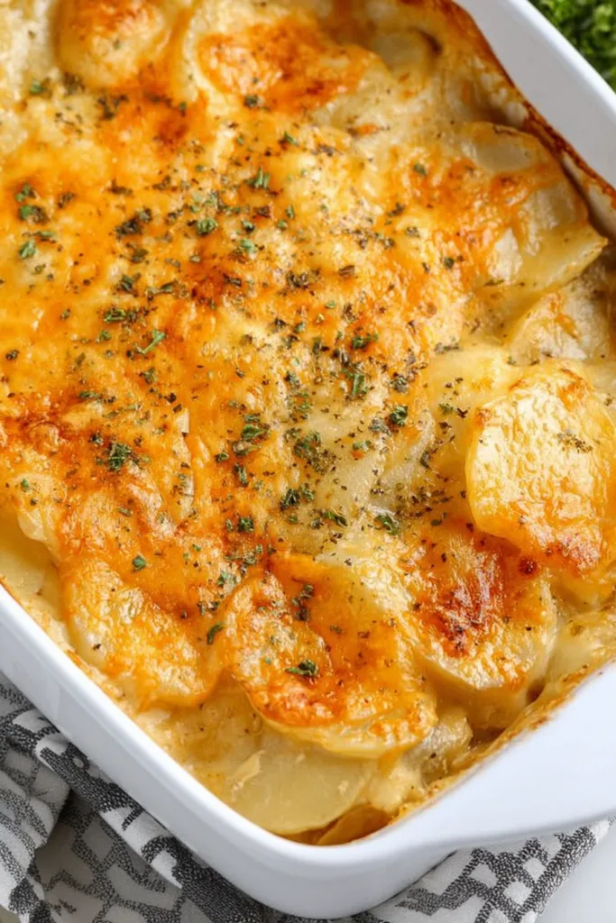 Oven-baked potato casserole with lightly browned cheese and fresh herb garnish.