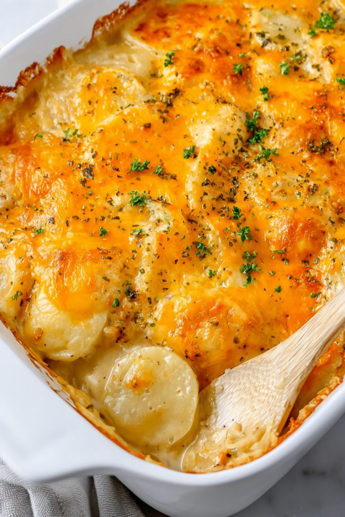 Rich and creamy layered potatoes with melted cheese browned on top.