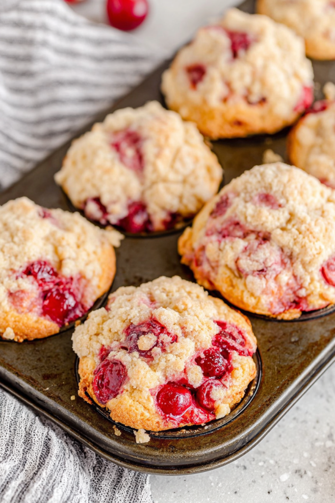 Freshly baked muffins cooling on a striped cloth, their crisp edges contrasting with soft centers.