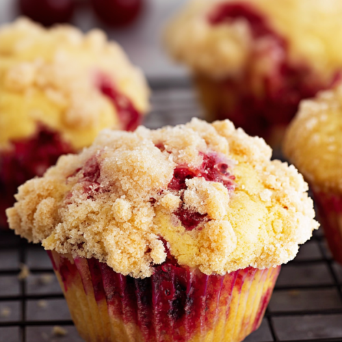 Close-up of moist muffins with bright red cherry chunks adding pops of color.