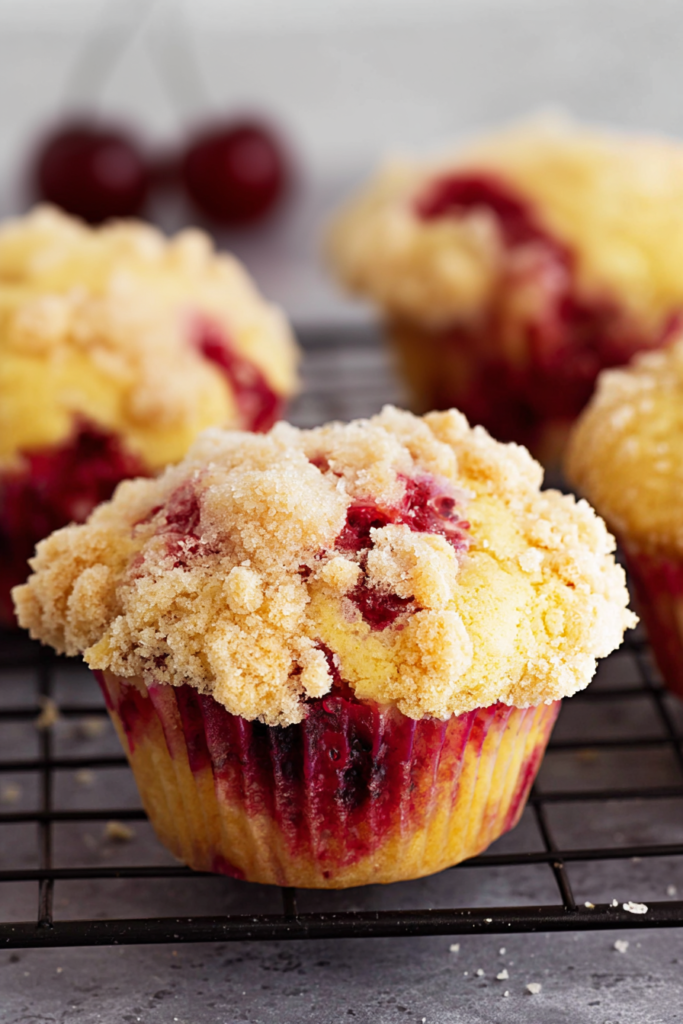 Close-up of moist muffins with bright red cherry chunks adding pops of color.