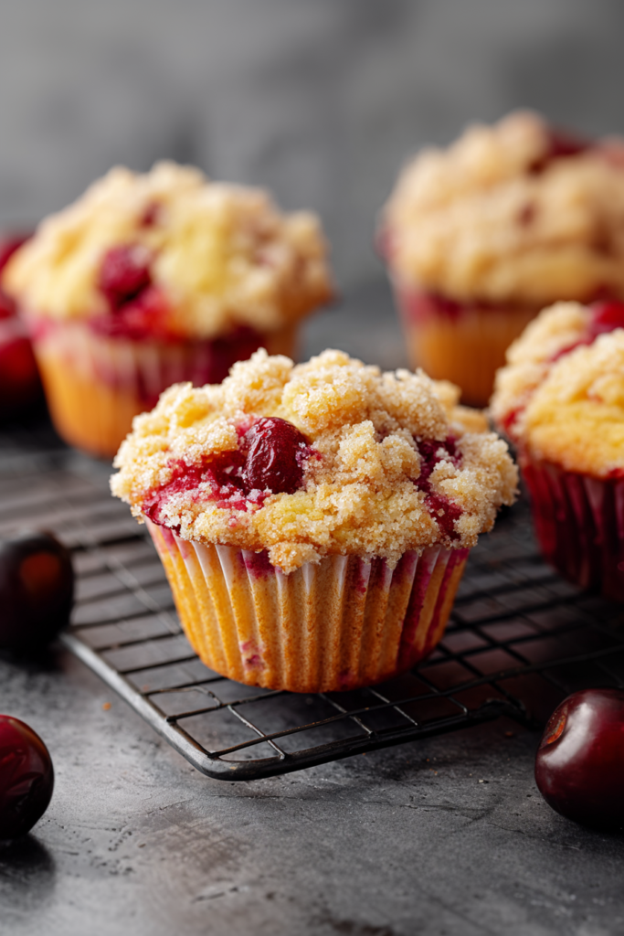 Homemade muffins with a textured, buttery topping and cherries baked inside.