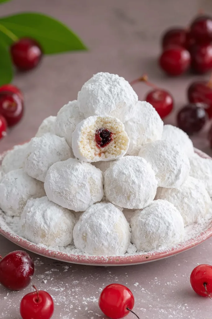 Homemade cherry snowball cookies plated with a snowy sugar coating and a vibrant fruit center on display.