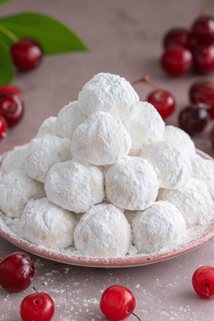 Cherry Snowball Cookies piled on a plate, generously coated in powdered sugar for a festive finish.