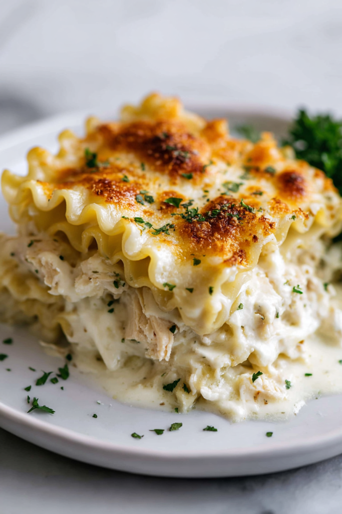 Close-up of creamy chicken Alfredo lasagna roll ups baked with melted cheese and fresh parsley