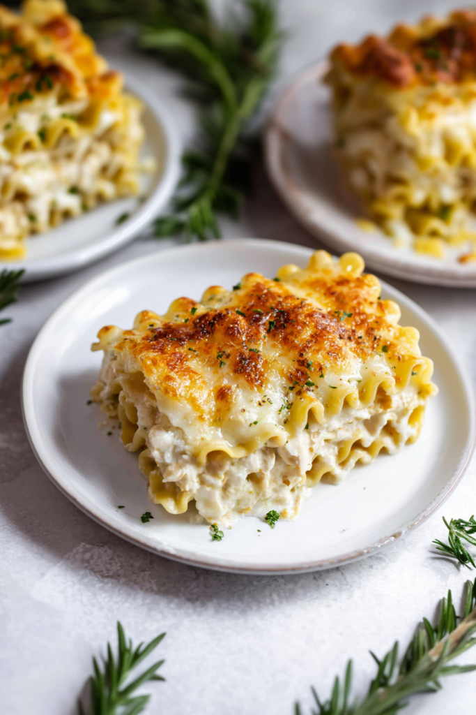 Thick and creamy chicken and cheese lasagna rolls served warm for dinner