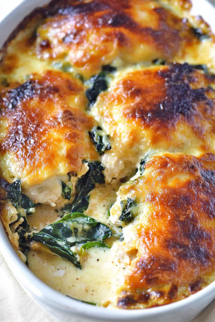 Chicken casserole with spinach topped with golden, bubbly melted cheese in a white baking dish.