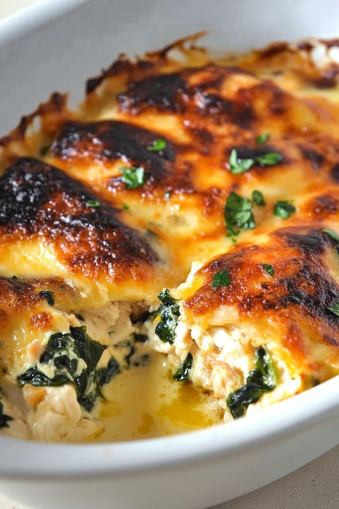 Close-up of a creamy baked chicken dish with wilted spinach and browned cheese on top.