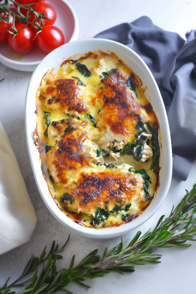 Oven-baked chicken casserole with spinach and a crispy, golden cheese crust.