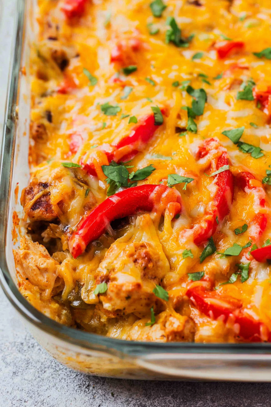 Close-up of cheesy chicken bake garnished with diced peppers and parsley.