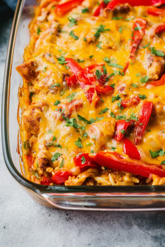 Baked chicken casserole topped with melted cheese, bell peppers, and fresh herbs.