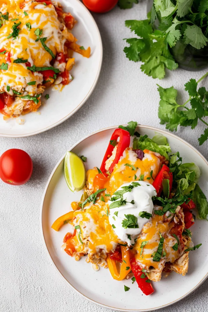 Homemade baked chicken dinner with melted cheese and colorful pepper topping.