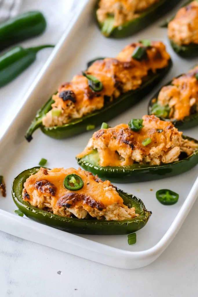 Crispy, browned stuffed jalapeรฑos arranged on a serving plate.