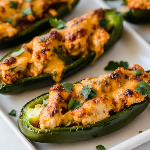 Close-up of spicy green peppers stuffed with a golden, cheesy filling.