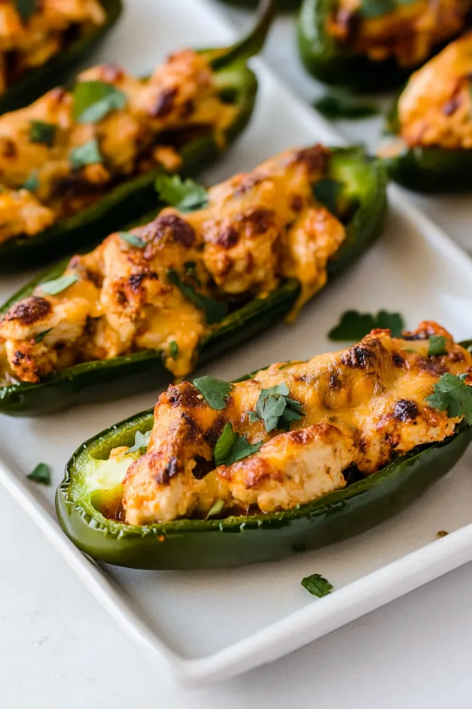 Close-up of spicy green peppers stuffed with a golden, cheesy filling.