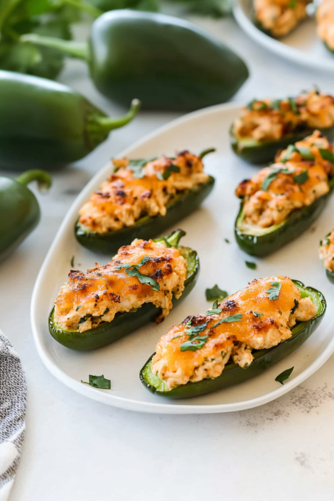 Savory appetizer of jalapeรฑos filled with seasoned chicken and garnished with cilantro.