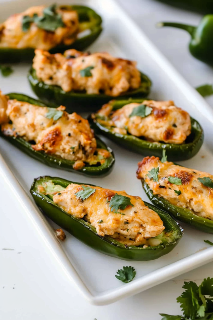 Baked jalapeรฑo halves filled with melted cheese and savory chicken, topped with fresh herbs.