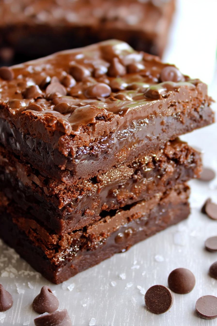 Three indulgent bars layered with chocolate chips and topped with a shiny finish.