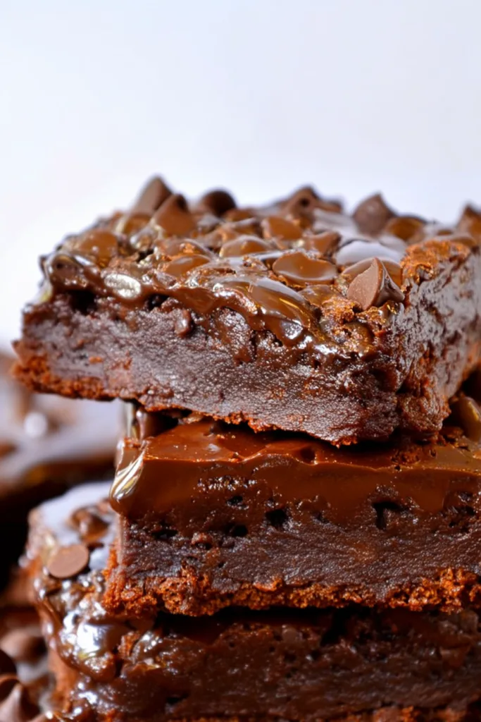 Stack of fudgy dessert bars drizzled with melted chocolate and sprinkled with sea salt.
