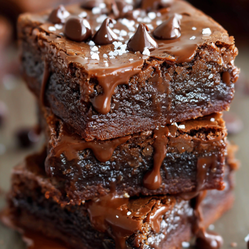 Close-up of thick, gooey brownies with glossy chocolate drizzle cascading down the sides.