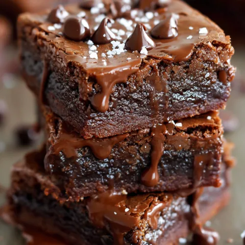 Close-up of thick, gooey brownies with glossy chocolate drizzle cascading down the sides.