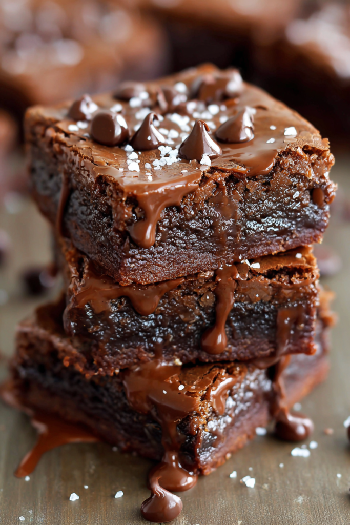 Close-up of thick, gooey brownies with glossy chocolate drizzle cascading down the sides.