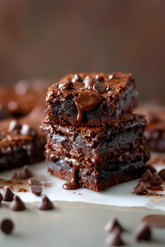 Rustic stack of moist dessert bars highlighting their gooey texture and glossy topping.