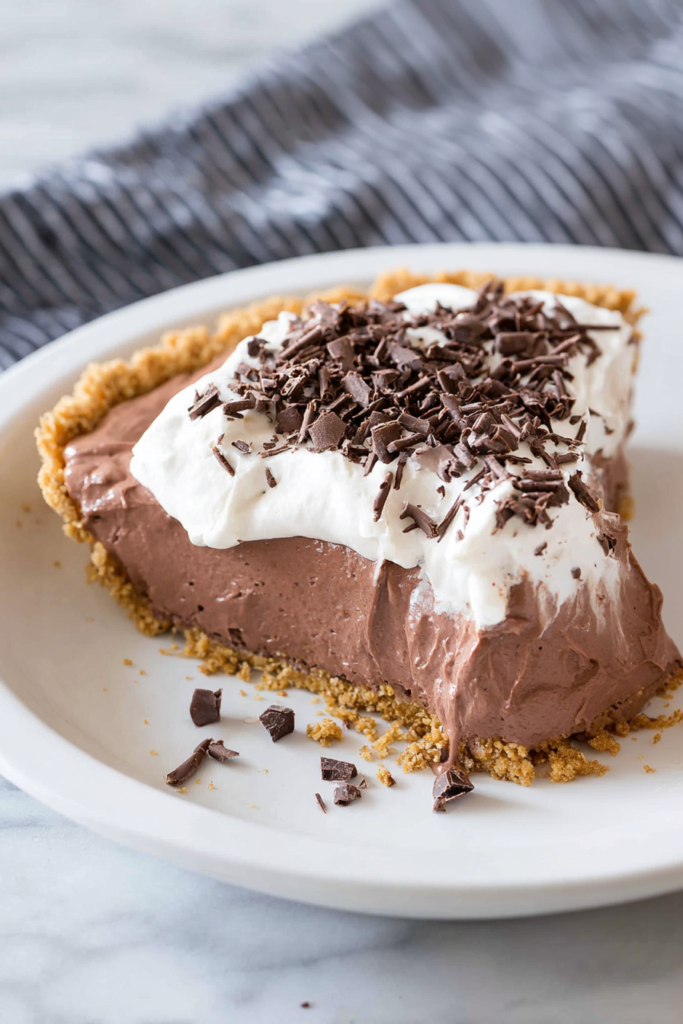 Slice of creamy chocolate pudding pie topped with whipped cream and dark chocolate shavings on a plate