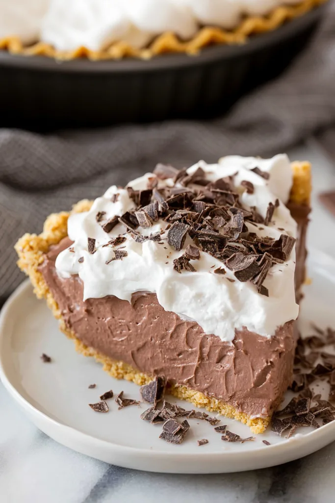 Thick and silky chocolate pie slice served chilled with whipped cream garnish