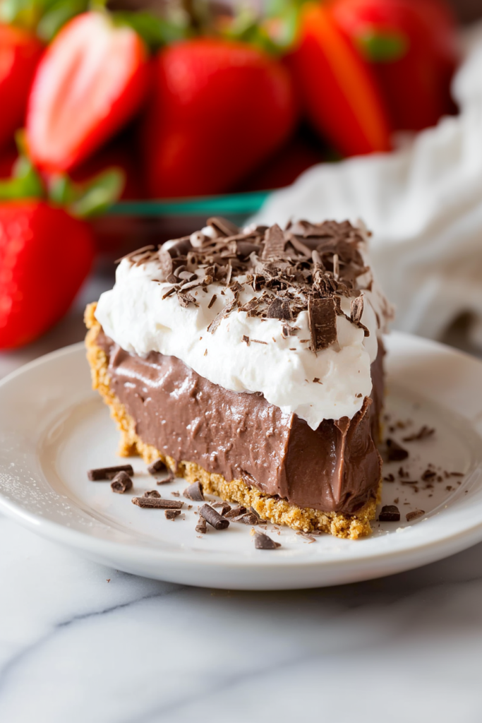 No-bake chocolate pudding pie with crunchy crust and light whipped topping, ready to serve