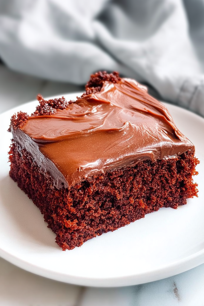Close-up of rich, fudgy cake slices with thick chocolate icing and soft crumb texture.