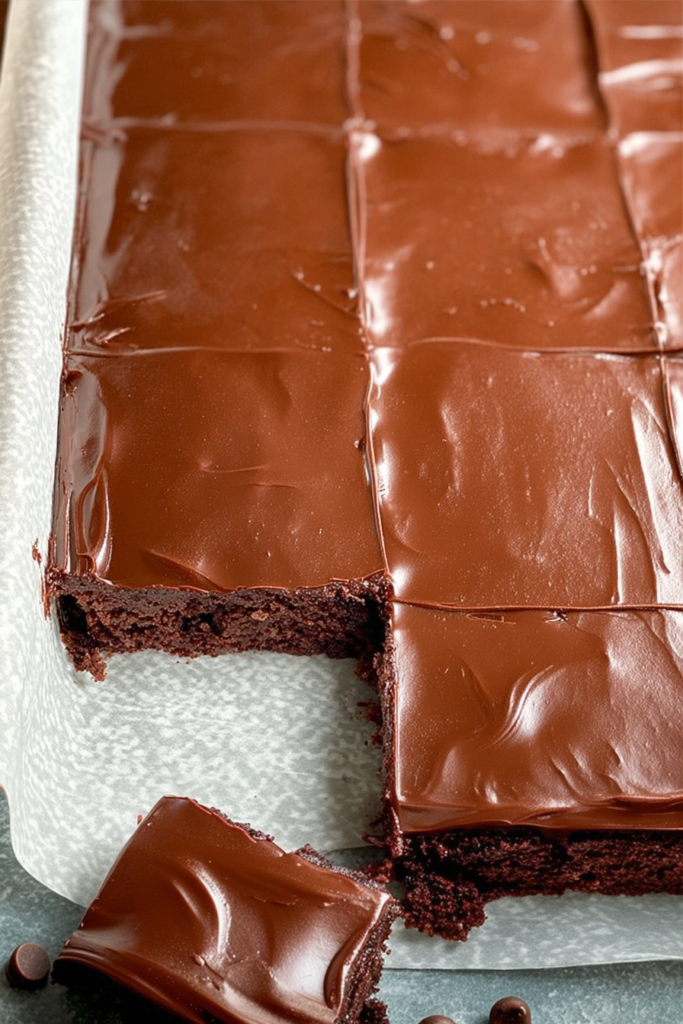 Batch of frosted chocolate cake slices arranged on a platter, highlighting their rich texture.