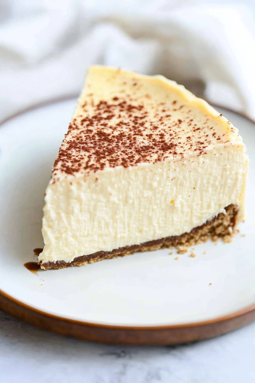 Close-up of a dense, velvety cheesecake slice with a golden cookie crust.