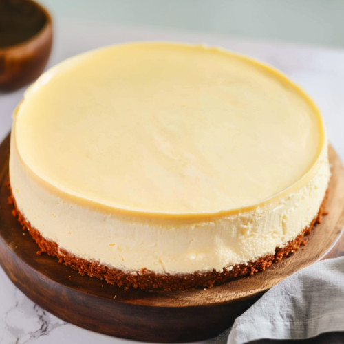 Whole cheesecake displayed simply, emphasizing its creamy top layer.