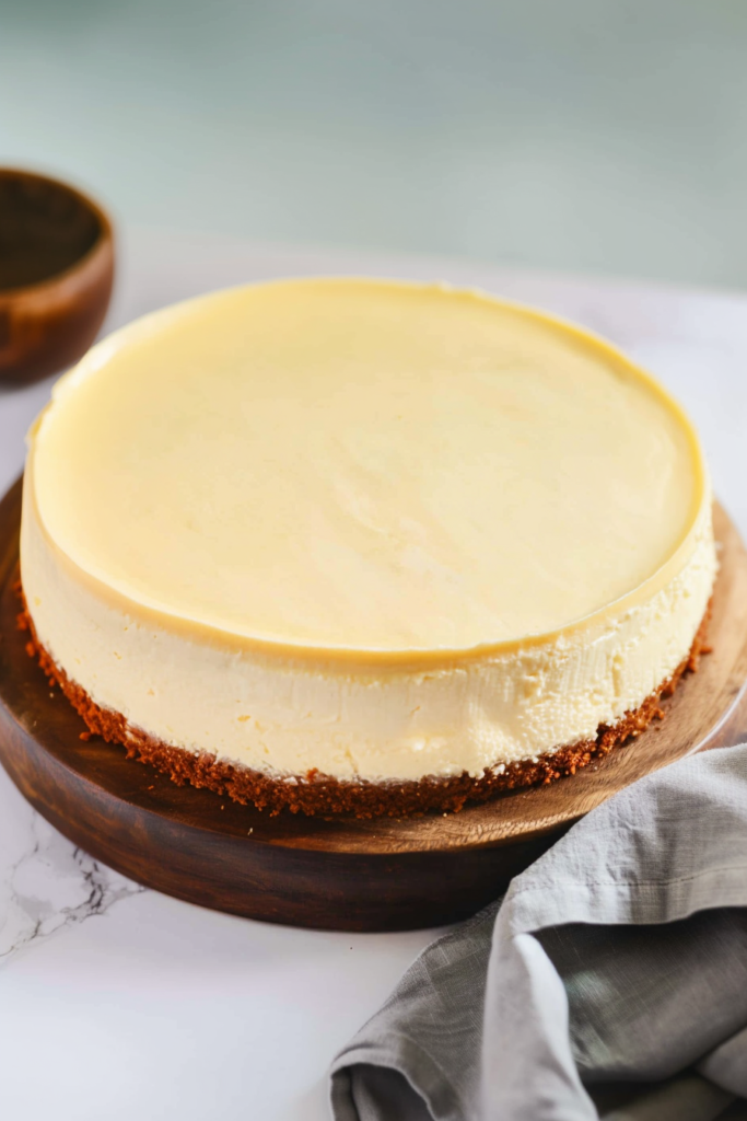 Whole cheesecake displayed simply, emphasizing its creamy top layer.