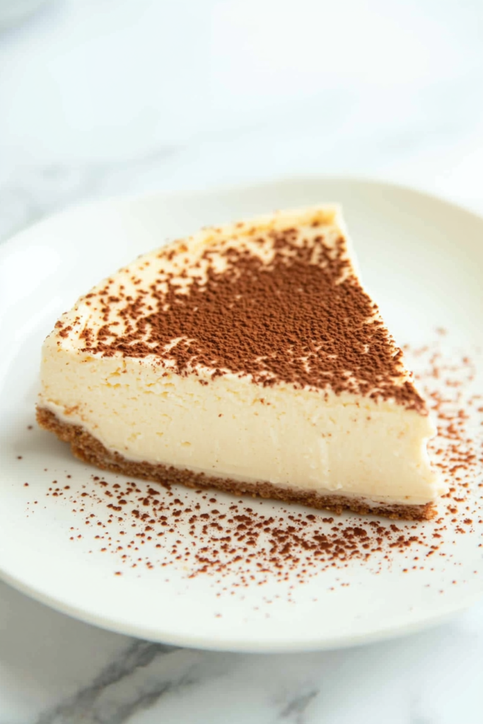 Thick and creamy dessert slice with a buttery crumb base and cocoa topping.