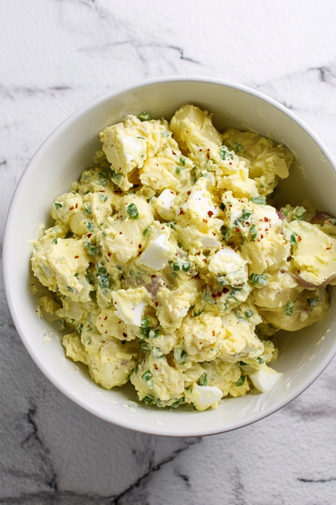 Bowl of creamy potato salad with boiled eggs, green onions, and paprika garnish.