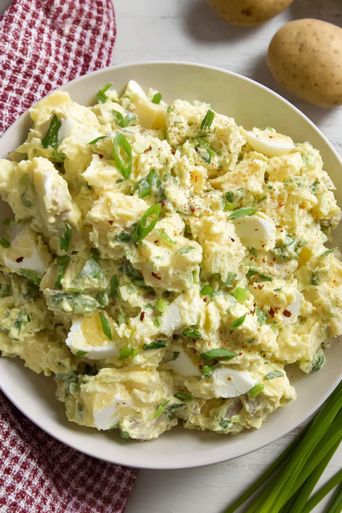 Close-up of creamy potato and egg salad with herbs and seasoning.