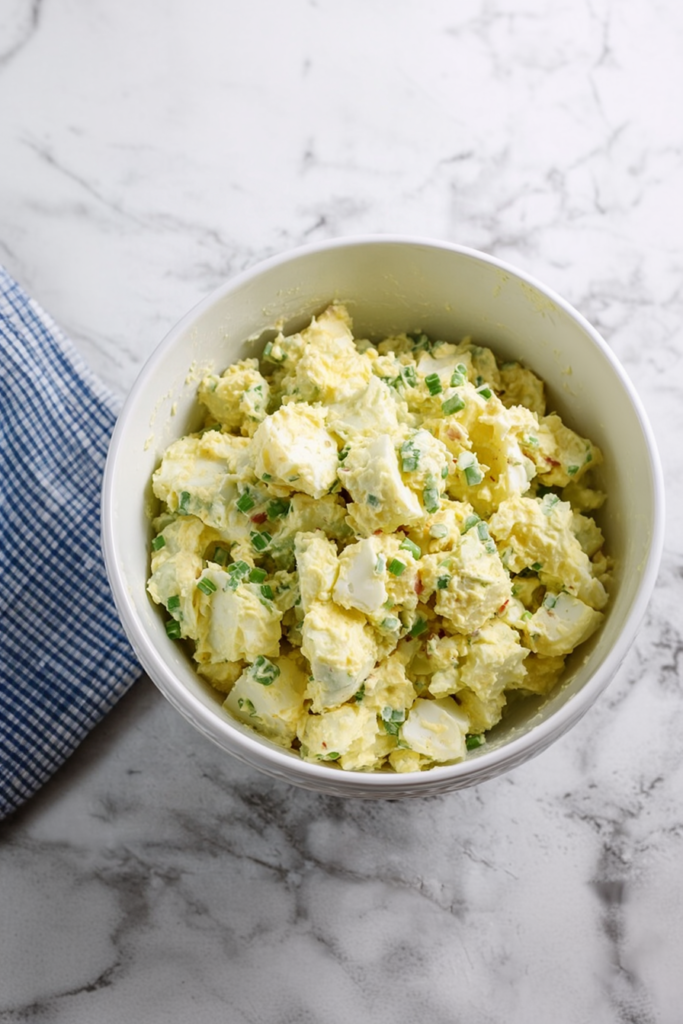 Creamy potato salad side dish with tender potatoes and sliced hard-boiled eggs.