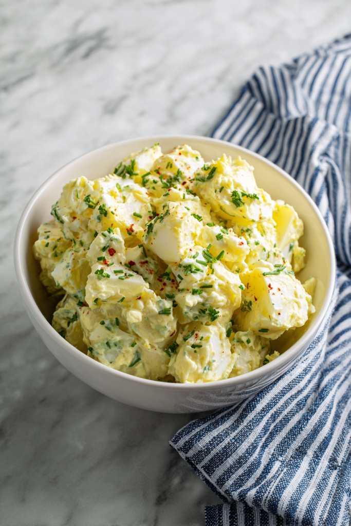 Homemade potato salad served in a white bowl, topped with chopped scallions.