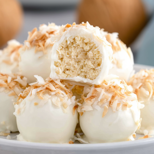 Plate of bite-sized desserts styled with coconuts in the background for a tropical feel